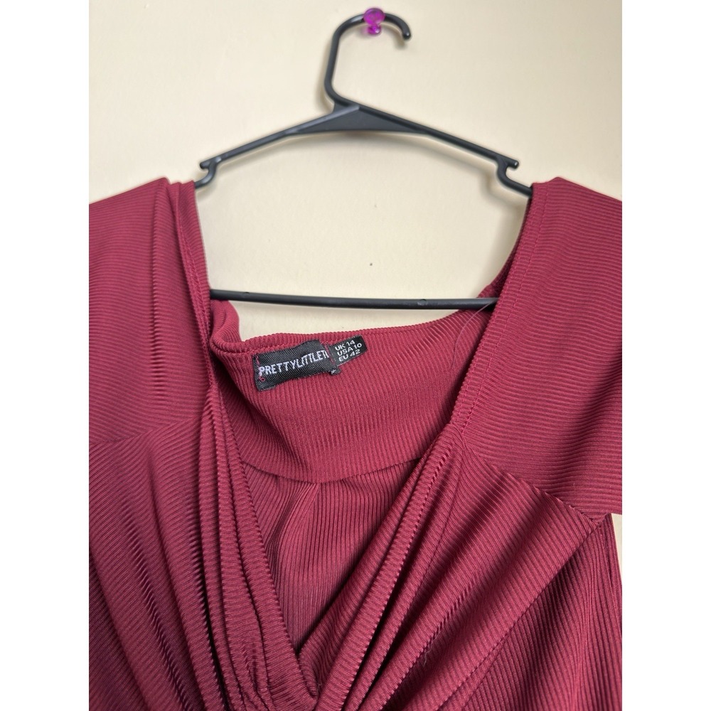 PrettyLittleThing Burgundy Ribbed Off Shoulder Ruched Drawstring Midi Dress S 10 - Picture 5 of 10